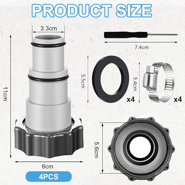 4 kpl uima-altaan sovitinta A Intex-altaisiin, 32-38 mm:n uima-altaan letkusovitin, pumpun liitäntäsarja, letkusovitin, kierteitetty uima-altaan letkusovitin
