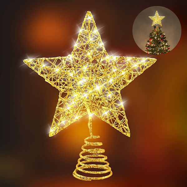 Gyllene julgransstjärna med ljus på toppen av julgransstjärnan, det finns 20 LED-lampor på toppen av julgranen