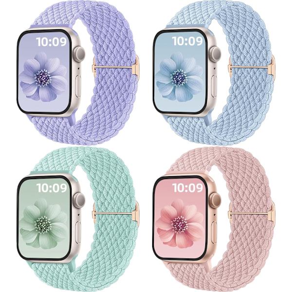 4-pack flätade solo loop-armband kompatibla med Apple Watch-armband 40mm 41mm 38mm 42mm 44mm 45mm 49mm för kvinnor och män, stretchiga {ad} D.Lilac/MintGreen/Lavender/SandPink 42mm/44mm/45mm/49mm