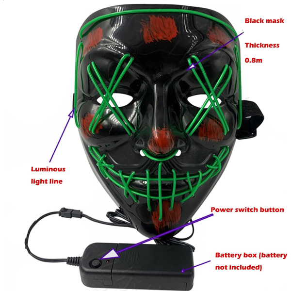 JIAMIAN 2st Skrämmande LED Halloween Mask, LED Ansiktsmask Kostym 3 ljuslägen, Light Up Mask