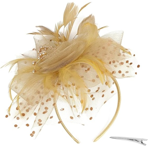 Fascinaattorihattu naisille, naisille, häihin, teekutsuille, flapper-tyyliin, pillerihattu, Ascot-kilpailuhattu, höyhenkukka (Khaki) khaki