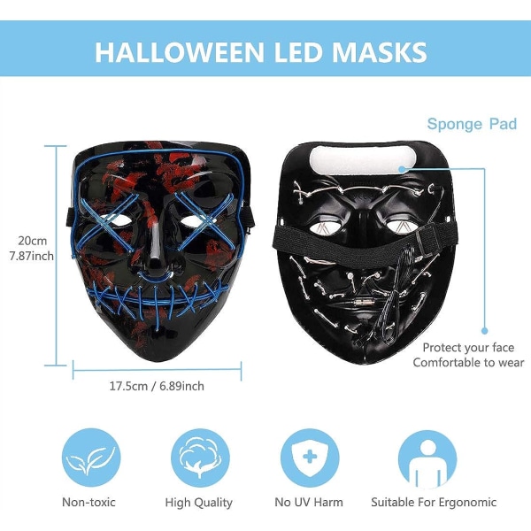 Halloweenmasker, LED Purge Mask, LISGO Light Up Mask, Skrämmande masker med 3 ljuslägen Masks Blue