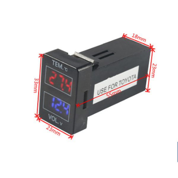 LED-auton jännitemittari matkailulämpömittari 2 in 1 DC-jännitelämpömittari punainen sininen matkailunäyttö musta Toyota-sarja 0-30V