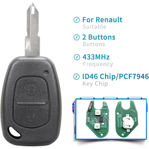 Nyckelskal 2 knappar bil fjärrnyckel 433 MHz ID46/PCF7946 chip för Ren-ault Trafic 2 Vivaro Movano Kangoo VAC102 blad ersättningsnyckel med chip