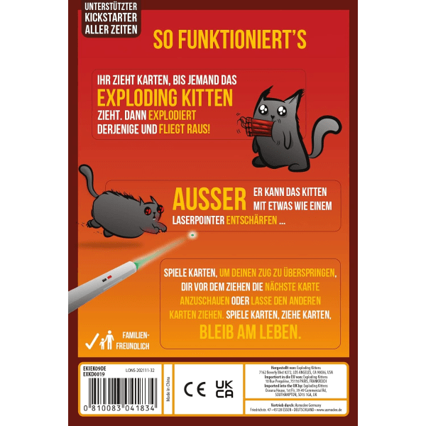 Exploding Kittens | Exploding Kittens 2-pelaajan painos | Peruspeli | Juhlat | Korttipeli | 2 pelaajaa | 7-vuotiaille ja sitä vanhemmille | 10+ minuuttia | saksa