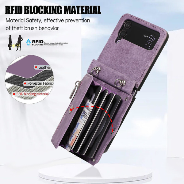 Telefonfodral med stöd för Samsung Galaxy Z Flip4 5g Rfid-skyddande kortfodral Pu-läder + tpu-skal Lila