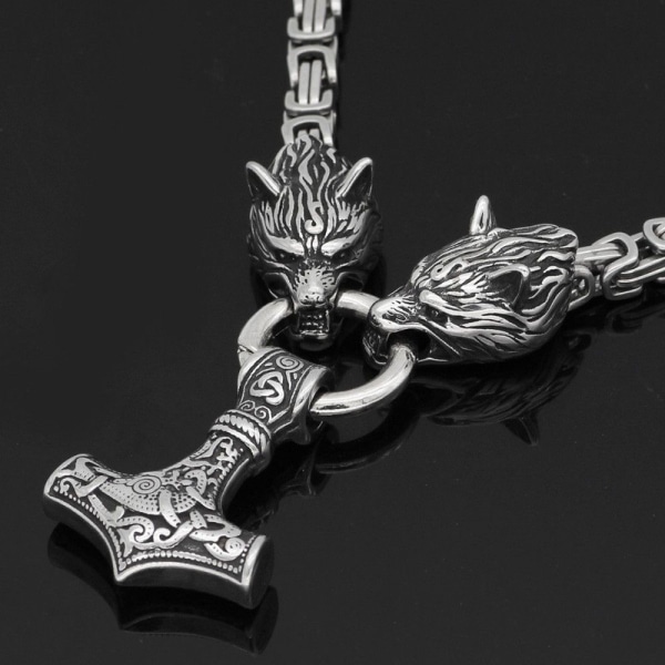 Byzantine chain pendant Thor's hammer in stainless steel Wolf Viking jewelry 50 cm