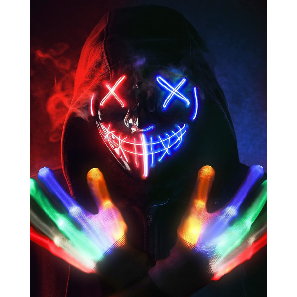 Skrämmande Halloween-mask Skeletthandskar Kostymer för män, 3 lägen Purge Mask Light Up 6 lägen LED Glow Handskar Red-blue