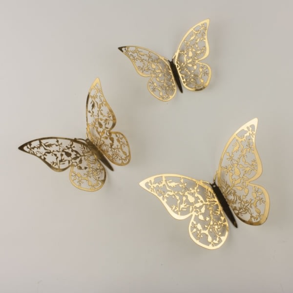 12:a 3D Fjärilar i Metall, Väggdekoration - Guldblad Guld