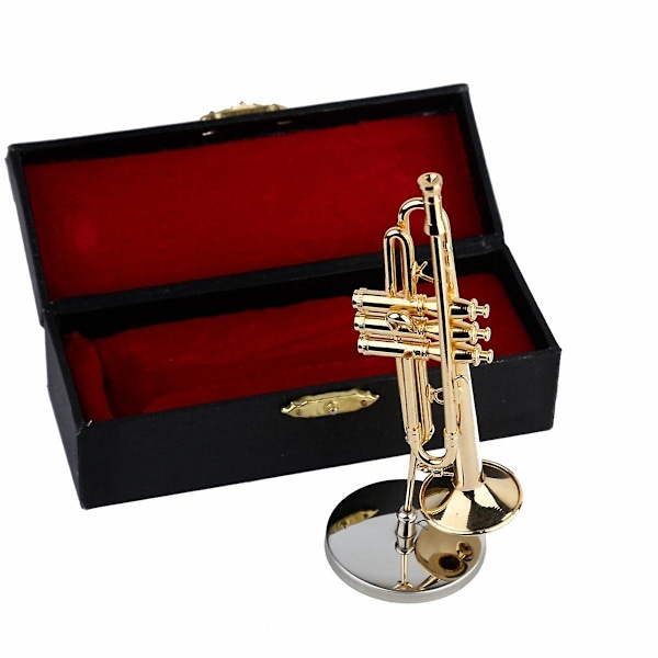 Kobber Miniature Trompet med Stativ og Etui Mini Musikinstrument Miniature Replika Model Mini Trompet Hjem Ornament As Shown