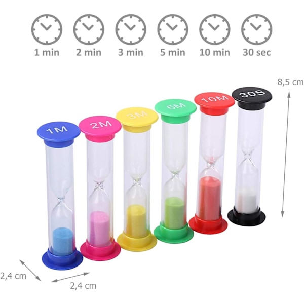 Timeglas - 30 sek., 1 min., 2 min., 3 min., 5 min., 10 min. - timeglas timer - 6 stk.