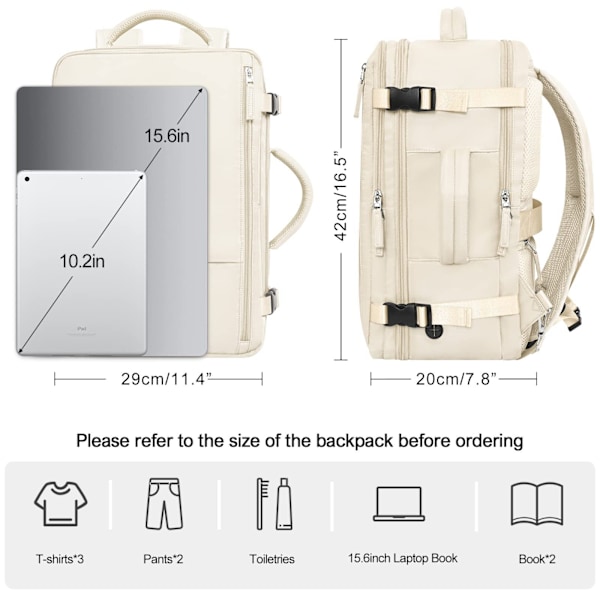 Reseryggsäck för kvinnor, flygbolagsgodkänd personlig väska, handbagage, 17-tums laptopryggsäck, vattentät (beige)
