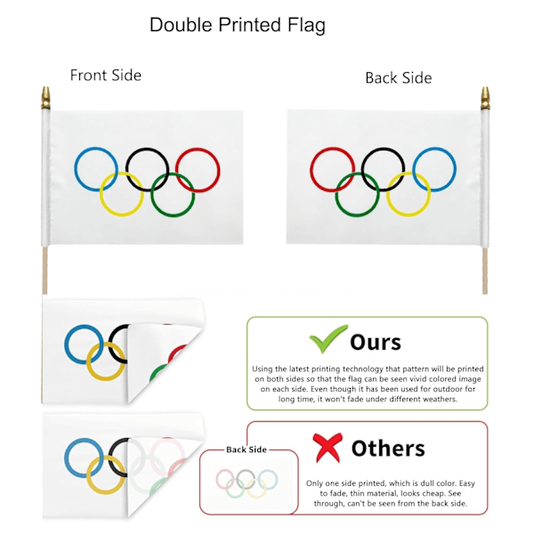 Lille olympisk flag med træpind håndsvinget flag til OL-fest parader have bar dekoration (10 stk.)