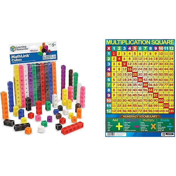 Mathlink Cubes (Set of 100) & Sumbox Multiplication Square Educational Times Tables Maths Poster