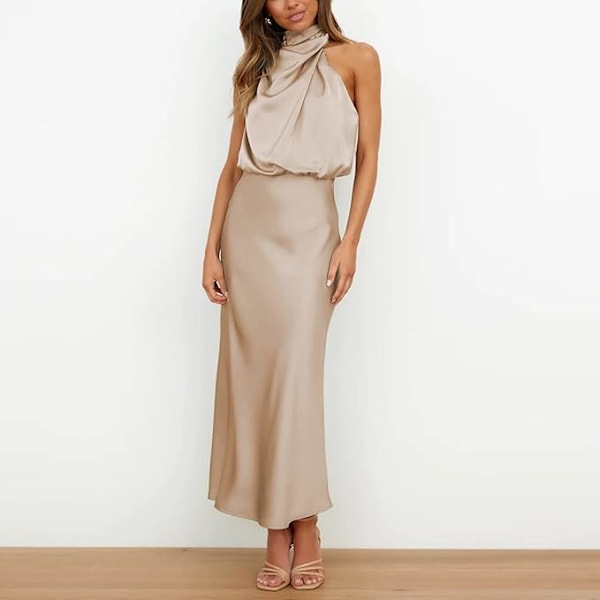 Sexig Kort Satin Klänning för Kvinnor, Sommarformell Långklänning, Mock Hals, Ärmlös, Sidoslits, Flytande Ärmlös Maxi Kjolar, Eleganta Kvinnokjolar