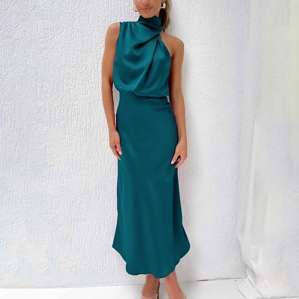 Seksikäs Lyhyt Satiinimekko Naisille, Kesäinen Virallinen Pitkä Mekko, Mock Neck, Hihaton, Sivuhaara, Virtaava Hihaton Maxihame, Elegantti Naisten Hame
