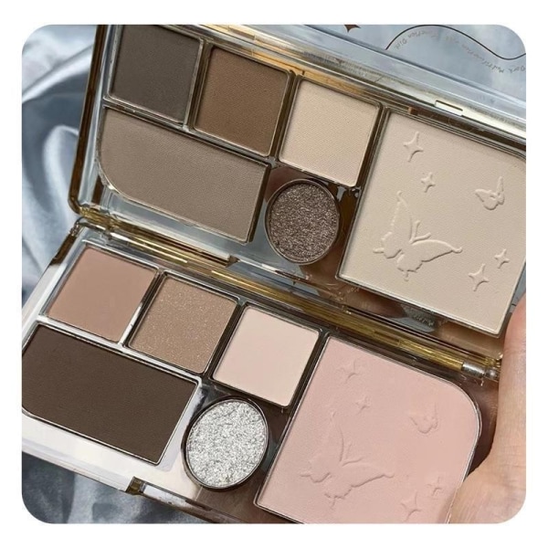 Alt-i-én øjenskyggepalet: Sort mat Smoky Eye og Contour Blush Palette, perlemor, matte og fint skinnende teksturer. A