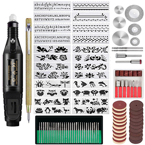 108-delad Graveringsverktygsset, Multifunktionell Graverings Penna med Sladd, DIY Rotationsverktyg för Smycken, Glas, Trä, Metall (svart) black