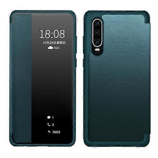 Kompatibel med Huawei P30 Pro Magnetisk Sidofönster Vy Stötsäker Horisontell Flip Läder Smart Fodral-WELLNGS{ad} Cyan