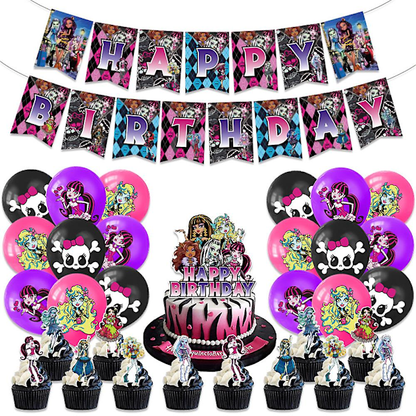 Monster High-tema fødselsdagsfesttilbehør, herunder banner, balloner, kagepynt og cupcakepynt