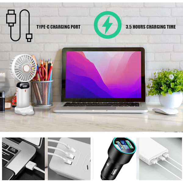 Kädessä pidettävä tuuletin, kannettava kädessä pidettävä USB-ladattava tuuletin, 6 nopeutta, paristokäyttöinen minituuletin (valkoinen)