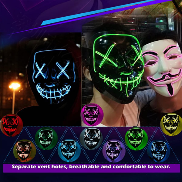 JIAMIAN 2st Skrämmande LED Halloween Mask, LED Ansiktsmask Kostym 3 ljuslägen, Light Up Mask