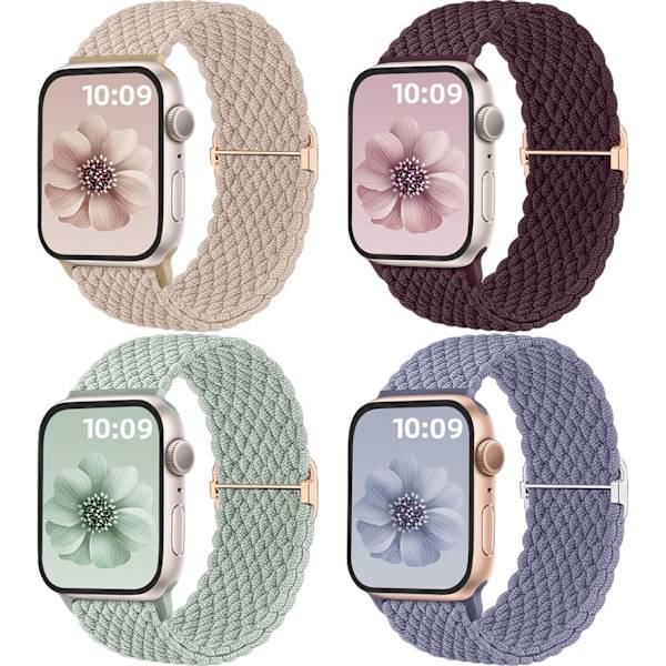 4-pakka punottu Solo Loop -ranneke, yhteensopiva Apple Watch -rannekkeiden kanssa 40 mm 41 mm 38 mm 42 mm 44 mm 45 mm 49 mm naisille ja miehille,{ad} B.Cherry/Green/Champagne/BlueGrey 38mm/40mm/41mm