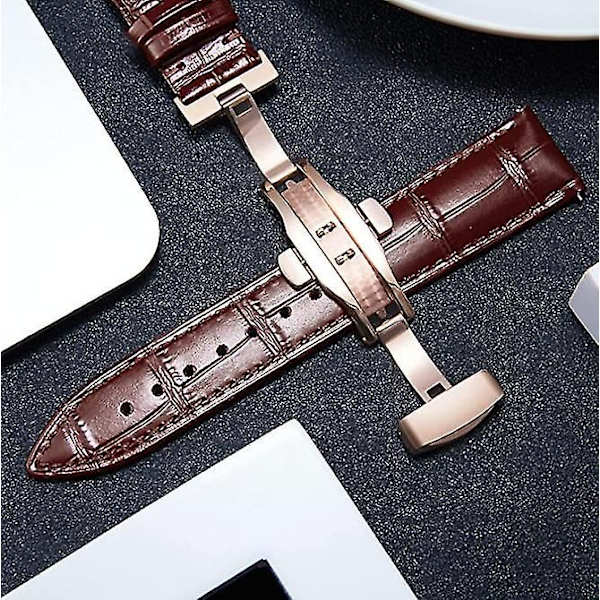 Läder Klockarmband Ersättning Alligator Rem För Män Kvinnor Med Silver Butterfly Deployment Spänne Ljusbrun{ad} Light brown 14mm