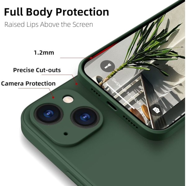 iPhone 13 silikonikuori, Hany Case, erittäin ohut, mikrokuituinen, naarmuuntumaton kokonaisvaltainen suojakuori iPhone 13 6,1 tuuman puhelimelle, tummanvihreä