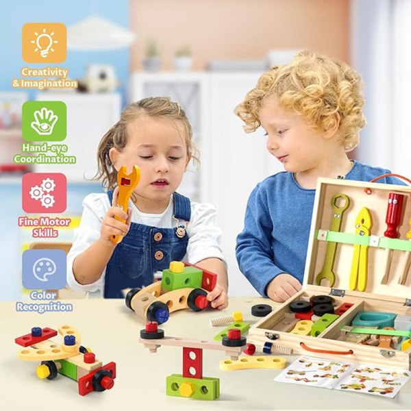 Verktygslåda för barn, träleksaker, verktyg för barn, Montessori-leksaker från 3 år, pedagogiska spel, verktygslåda för barn, 34 stycken