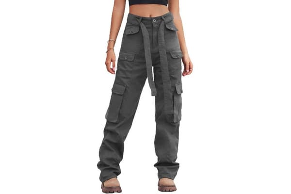 Tvättad denim Multi-Pocket Heavy Arbetsbyxor Mörkgrå M