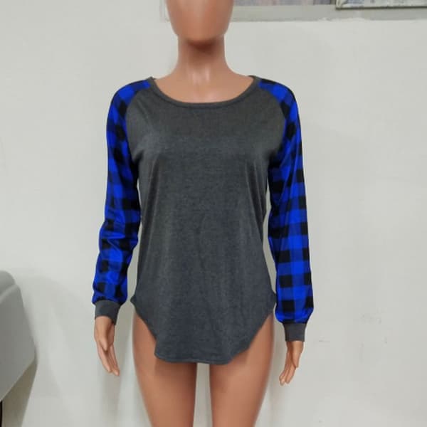 Plain långärmad rutig blus Grå med blå ärm L