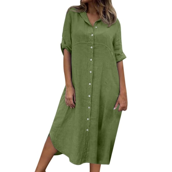 Långskjortaklänning i bomullslinnekrage Grön XL