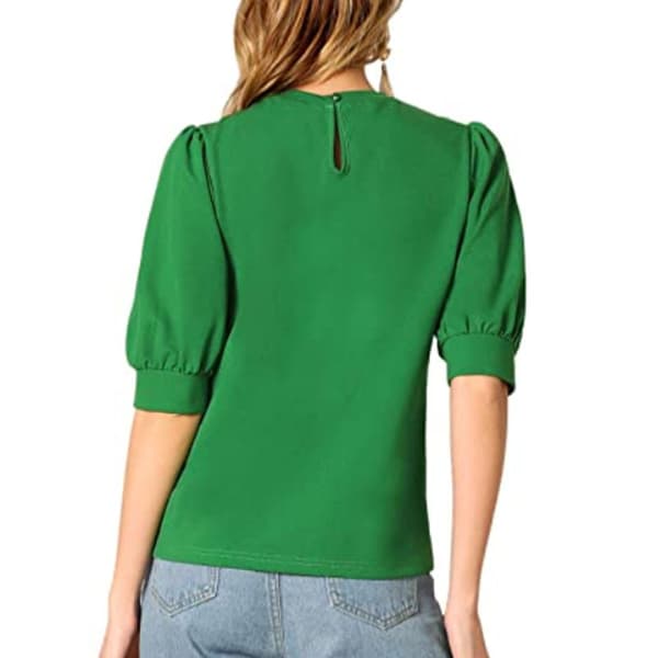 Kvinnors Puff Sleeve Keyhole Back Blouse Grön XL