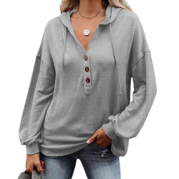 Dam V-ringad långärmade skjortor Button Down sweatshirts Luvtröjor Tunika Toppar med dragsko Grå S