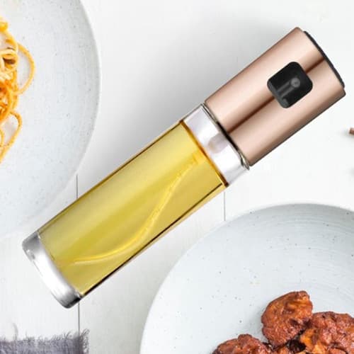 Matoljespray i Glas – Läckagesäker Oljedispenser med Fin Spray för Airfryer, BBQ & Sallad – Silver