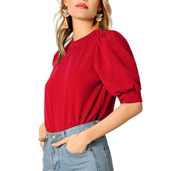 Kvinnors Puff Sleeve Keyhole Back Blouse Röd M