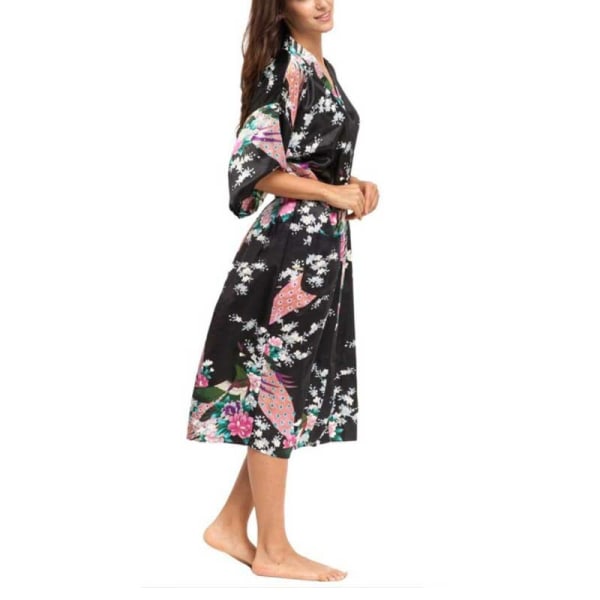 Kimono Robe Morgonrock i mjuk siden - Morgonrock Nattrock Morgonrock Sovkläder med 3/4 ärm Svart M
