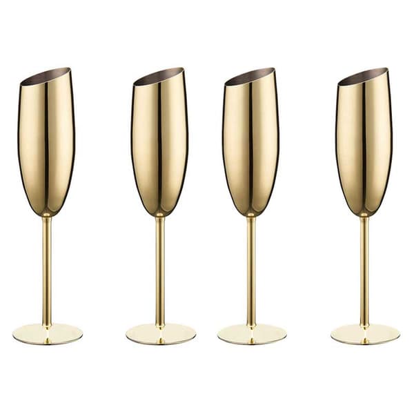 Champagneglas i rostfritt stål 4-pack, diagonal design, guldpläterade, 240 ml, splitterfria