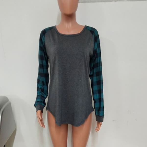 Plain långärmad rutig blus Grå med grön ärm XL