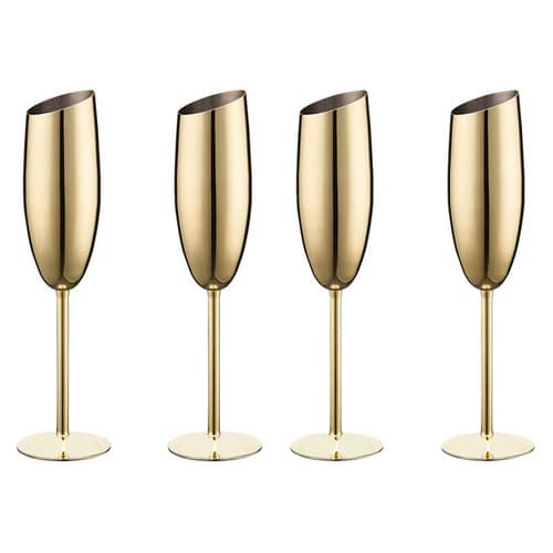 Champagneglas i rostfritt stål 4-pack, diagonal design, guldpläterade, 240 ml, splitterfria