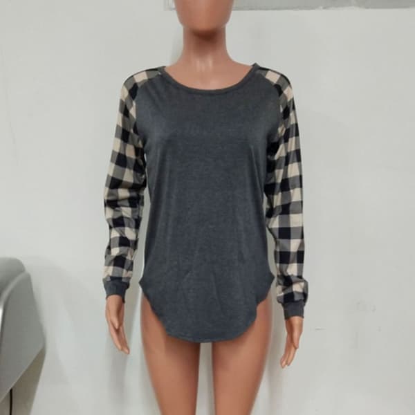 Plain långärmad rutig blus Grå med khakiärm L