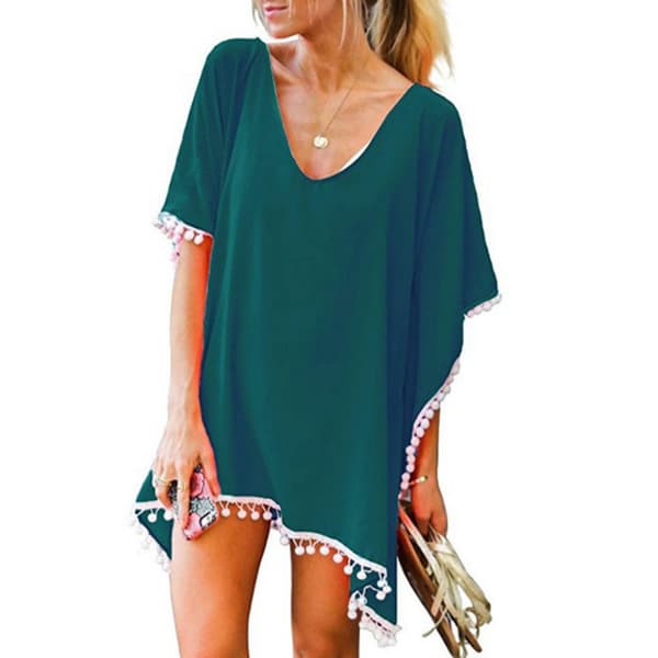 Beach Cover with Little White Ball Tassel Grön M