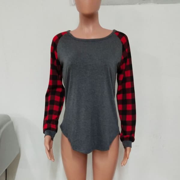 Plain långärmad rutig blus Grå med röd ärm XL