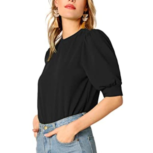 Kvinnors Puff Sleeve Keyhole Back Blouse Svart L