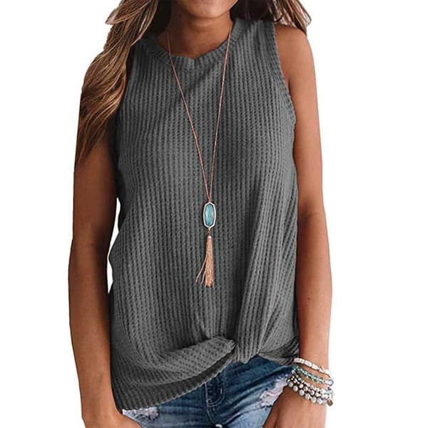 Kvinnors Casual Twist Knot Waffle Top Mörkgrå L