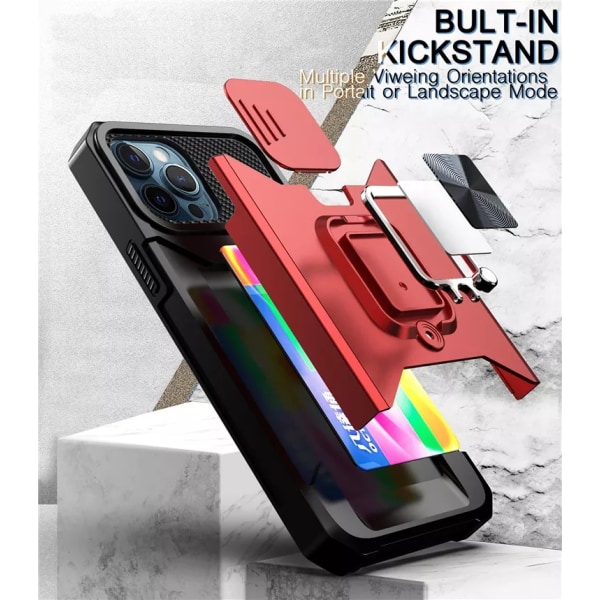 Iphone 13 - Magneettinen puhelinkotelo metallisormustelineellä ja korttipaikalla - MUSTA