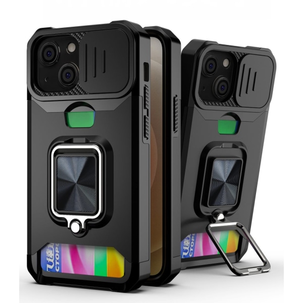 Iphone 13 - Magnetisk telefontaske med metalringholder og kortplads - SORT