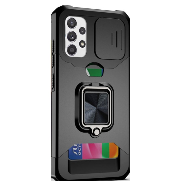 Iphone 13 - Magneettinen puhelinkotelo metallisormustelineellä ja korttipaikalla - MUSTA