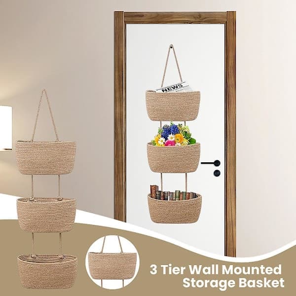 3-lagers vävd väggmonterad förvaringskorg - Khaki, vardagsrumsorganisatör